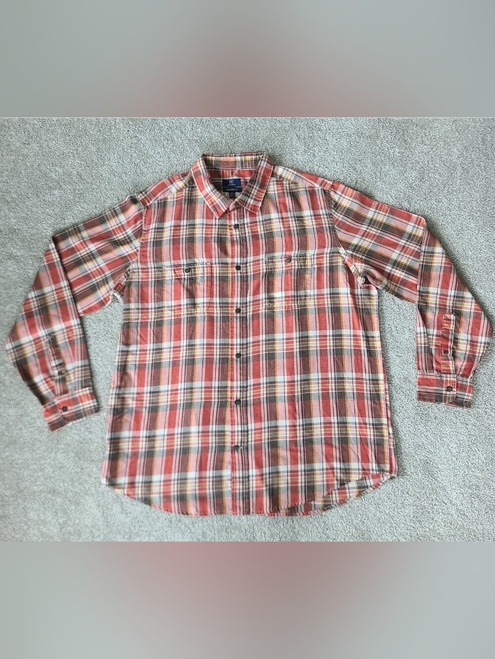 George Size XL Soft Orange Brown Plaid Flannel Long Sleeve Button Up Classic Fit